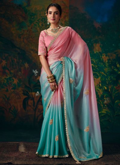 Fancy Fabric Saree in Aqua Blue and Pink Colour