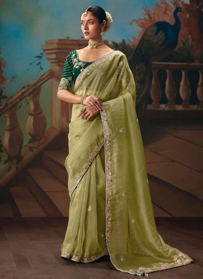 Fancy Fabric Sequins Green Trendy Saree