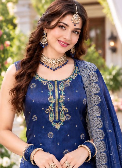 
                            Fantastic Blue and Turquoise Jacquard Silk Salwar Kameez