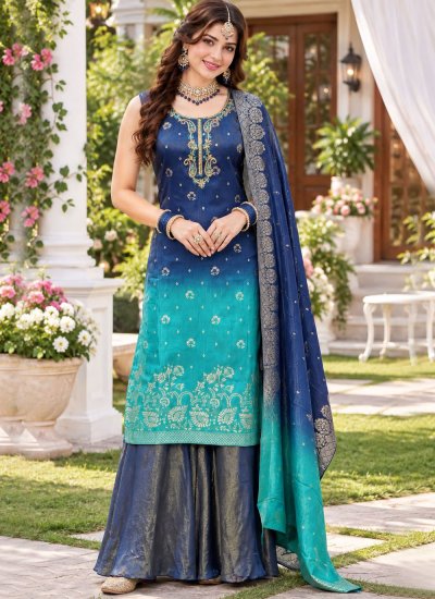 Fantastic Blue and Turquoise Jacquard Silk Salwar Kameez