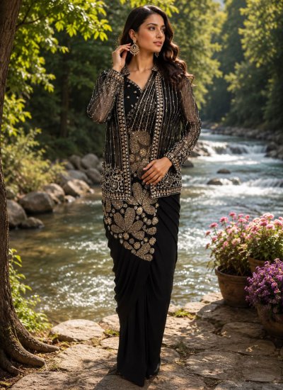 Fantastic Lycra Embroidered Black Trendy Saree