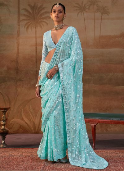 Fashionable Aqua Blue Saree