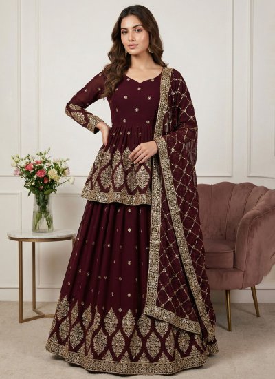Faux Georgette Maroon Embroidered Lehenga Choli
