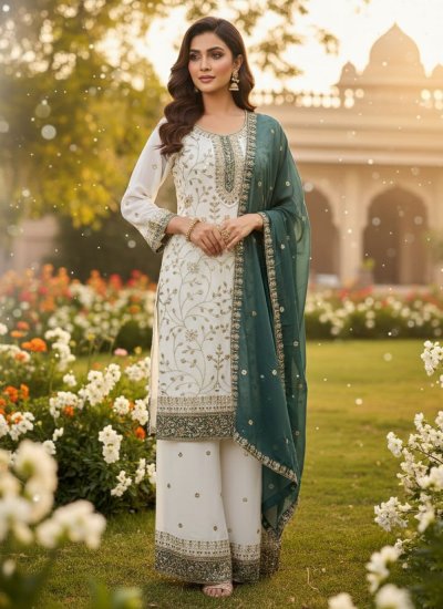 Faux Georgette Readymade Salwar Kameez in Off White Colour