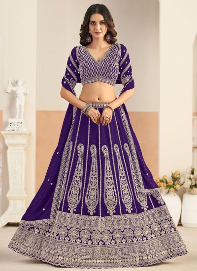 Faux Georgette Resham Designer Lehenga Choli in Purple