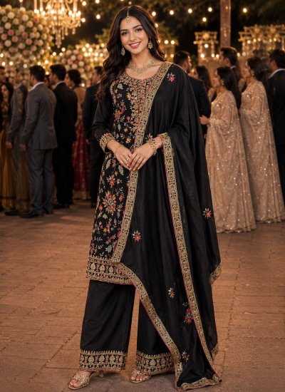 Festal Sequins Black Chinon Palazzo Salwar Kameez