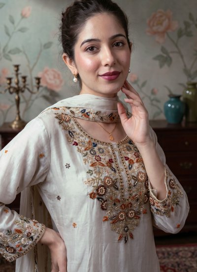 
                            Fine Chinon Embroidered Off White Palazzo Salwar Kameez