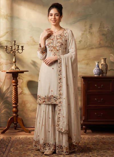 Fine Chinon Embroidered Off White Palazzo Salwar Kameez