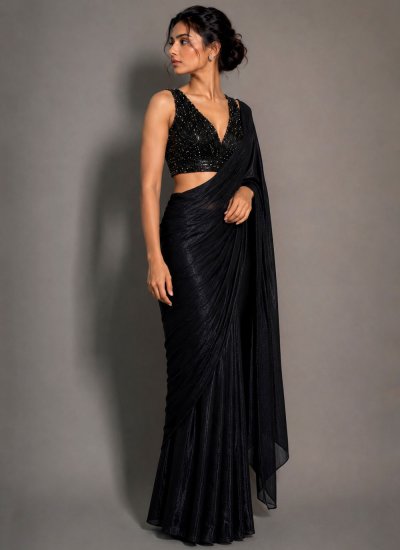 
                            Flawless Embroidered Georgette Black Contemporary Saree