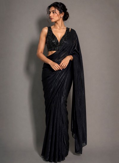Flawless Embroidered Georgette Black Contemporary Saree