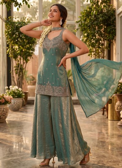 Floral Sea Green Embroidered Silk Palazzo Salwar Kameez
