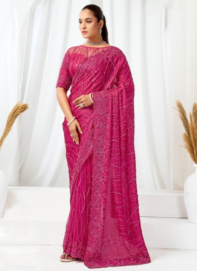 Genius Satin Pink Beads Classic Saree