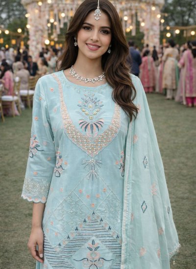 
                            Georgette Aqua Blue Moti Salwar Kameez
