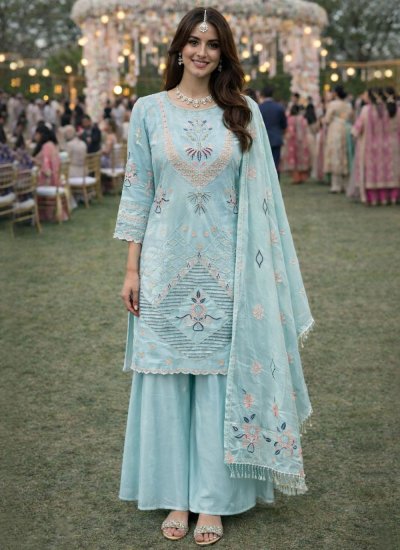 Georgette Aqua Blue Moti Salwar Kameez