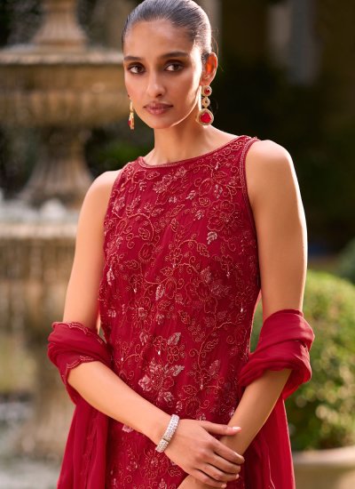 
                            Georgette Cutdana Red Readymade Salwar Kameez
