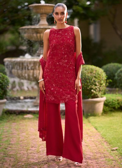 Georgette Cutdana Red Readymade Salwar Kameez
