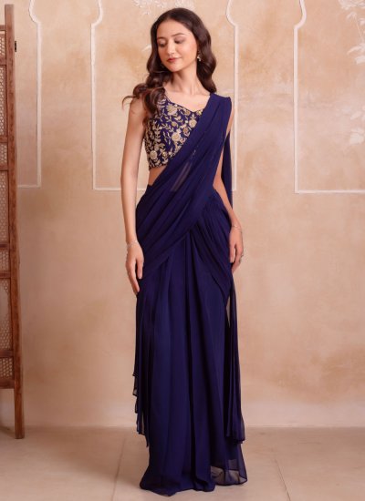 Georgette Embroidered Blue Trendy Saree