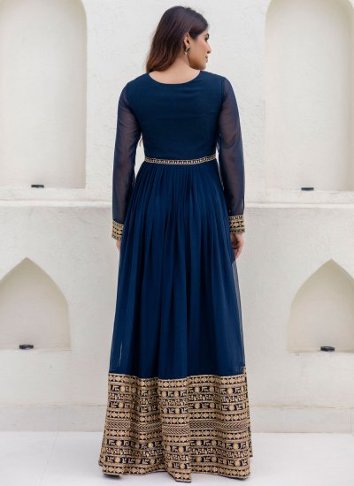
                            Georgette Embroidered Designer Gown in Navy Blue Colour