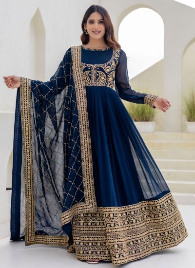Georgette Embroidered Designer Gown in Navy Blue Colour