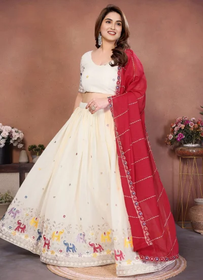 
                            Georgette Embroidered Lehenga Choli in Off White