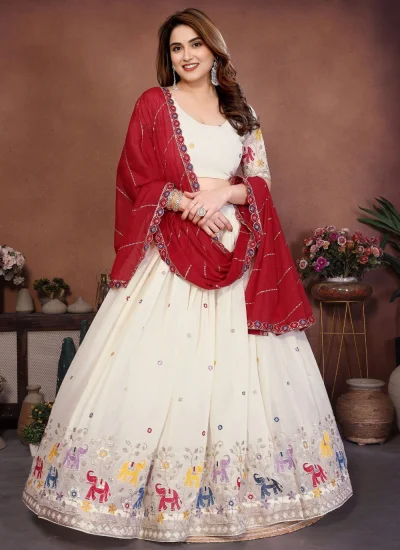 Georgette Embroidered Lehenga Choli in Off White