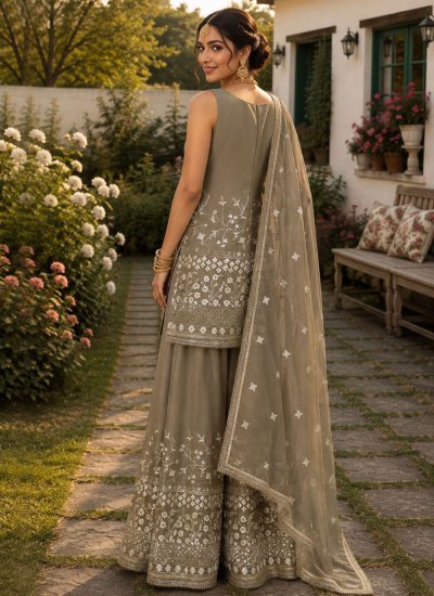 
                            Georgette Embroidered Readymade Salwar Kameez in Beige Colour