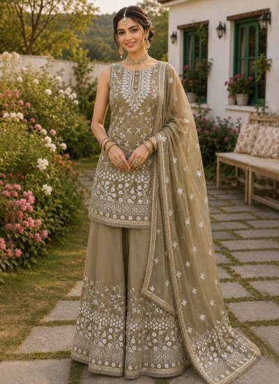 Georgette Embroidered Readymade Salwar Kameez in Beige Colour