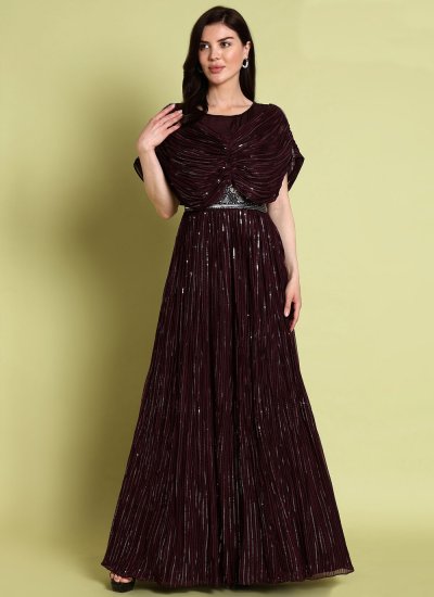 Georgette Sequins Readymade Gown in Brown Colour