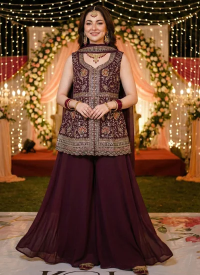 Georgette Sequins Salwar Kameez in Wine