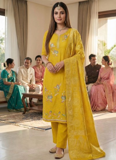 Georgette Yellow Embroidered Pant Style Suit