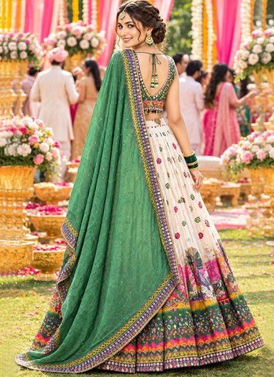 
                            Girlish Faux Crepe Embroidered Cream Readymade Lehenga Choli
