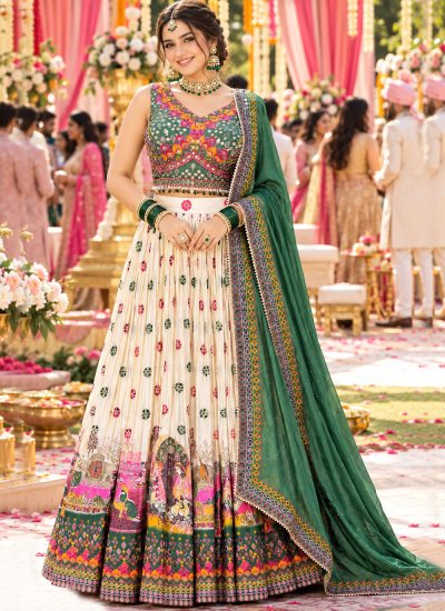 Girlish Faux Crepe Embroidered Cream Readymade Lehenga Choli