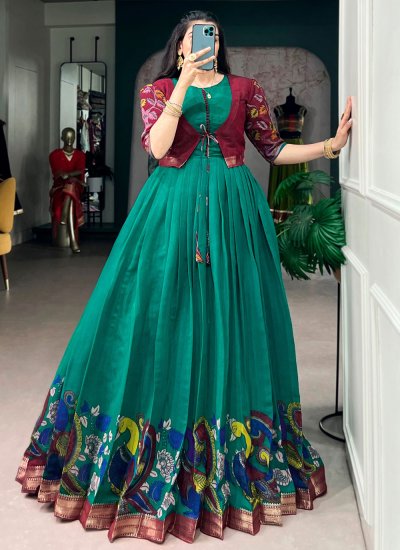 Gleaming Green Printed Polyester Readymade Gown