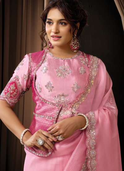 
                            Gleaming Pink Contemporary Saree