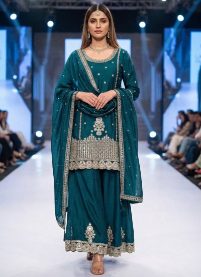 Glitzy Teal Embroidered Silk Readymade Salwar Kameez