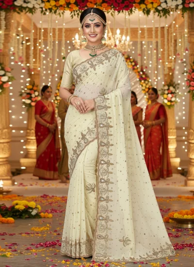 Glowing Georgette Cream Handwork Contemporary Saree