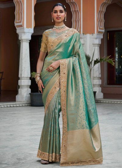 Gorgonize Sea Green Embroidered Kanjivaram Silk Contemporary Saree