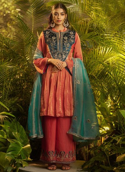 Grandiose Organza Orange Embroidered Trendy Salwar Kameez