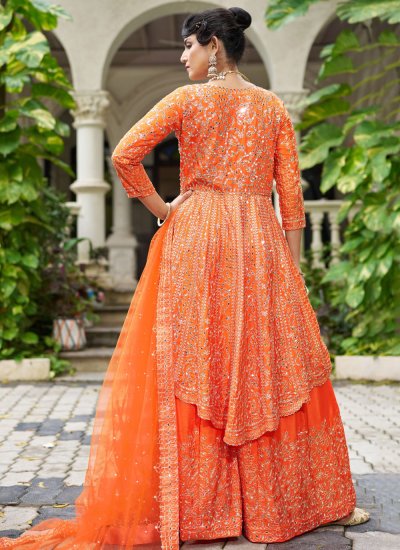 
                            Gratifying Chinon Embroidered Orange Palazzo Salwar Kameez