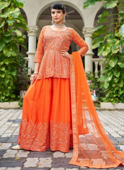 Gratifying Chinon Embroidered Orange Palazzo Salwar Kameez