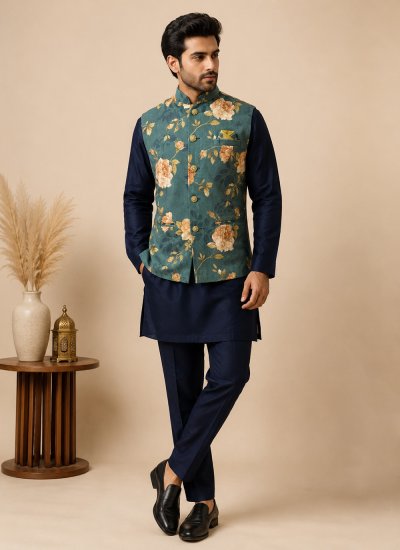 Green and Navy Blue Festival Kurta Payjama With Jacket