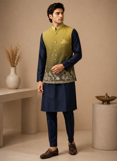 Green and Navy Blue Sequins Engagement Kurta Payjama With Jacket