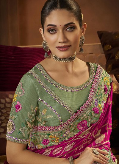 
                            Green and Pink Embroidered Silk Classic Saree