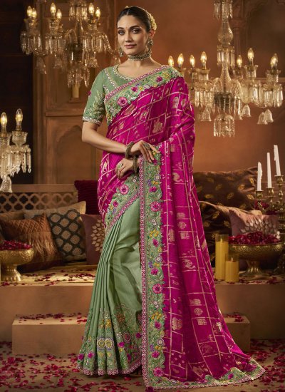 Green and Pink Embroidered Silk Classic Saree