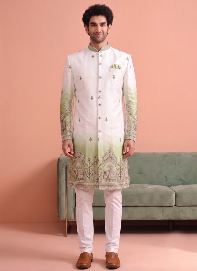 Green and White Embroidered Indo Western