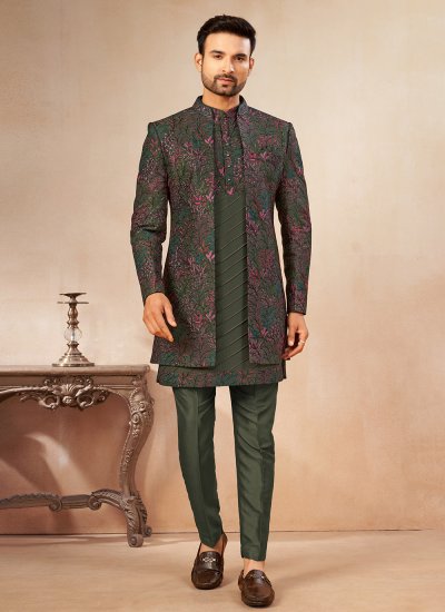 Green Art Silk Embroidered Indo Western