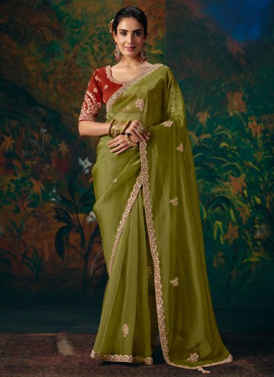 Green Beads Fancy Fabric Classic Saree