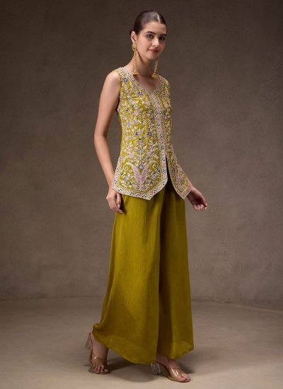 
                            Green Embroidered Chinon Palazzo Salwar Kameez