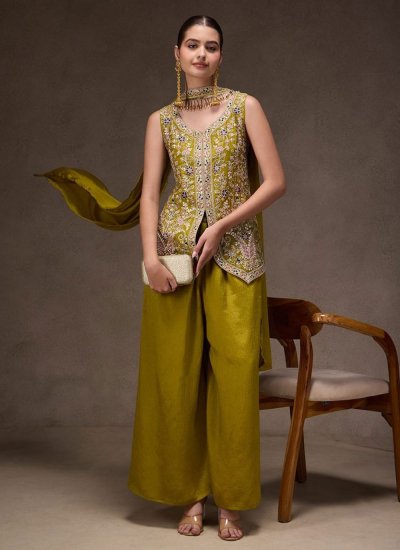 Green Embroidered Chinon Palazzo Salwar Kameez