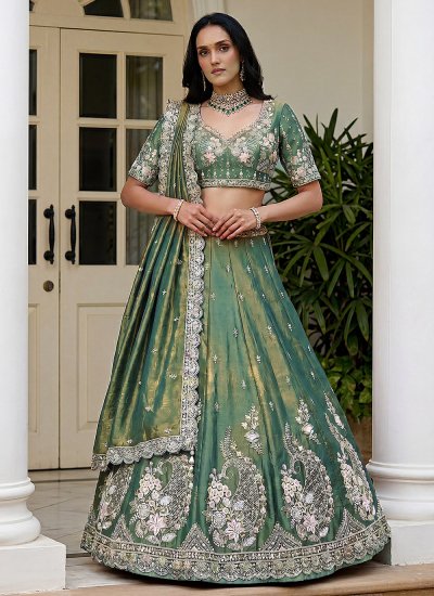 Green Engagement Tissue A Line Lehenga Choli